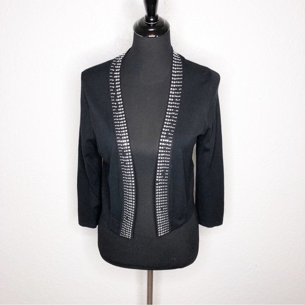 Eliza J black silver rhinestone trim open front cropped cardigan size Medium